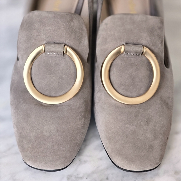 LUXURY REBEL 2.5 Inch Heeled Gray Suede Loafers with Gold Accent Size US 5.5 EUC - Picture 4 of 12